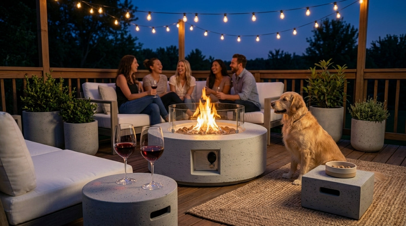 Golden retriever sleeping next to a modern backyard fire pit during a summer party