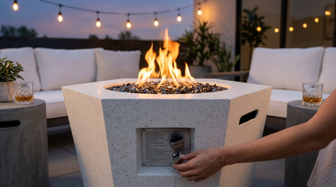 A clean, modern white hexagonal terrazzo propane gas fire pit table with a smokeless instant flame on a luxurious backyard patio.