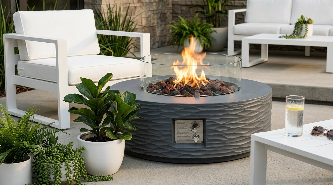 A perfectly maintained dark grey water ripple concrete gas fire pit with a glass wind guard, burning on a modern outdoor patio surrounded by white furniture.