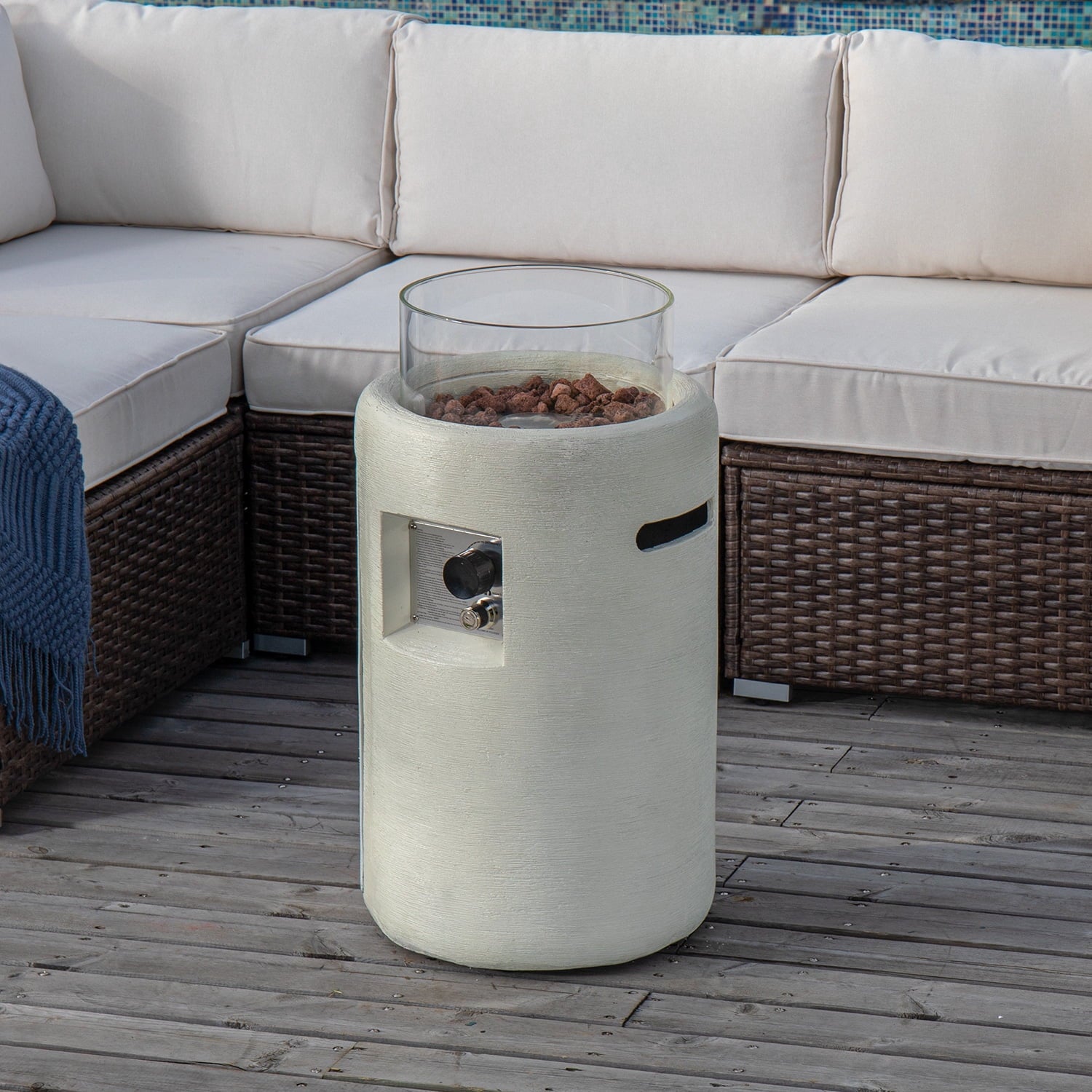 COSIEST 40,000BTU 16-inch Round Outdoor Propane Fire Pit Table w Glass Wind Guard(Cream)