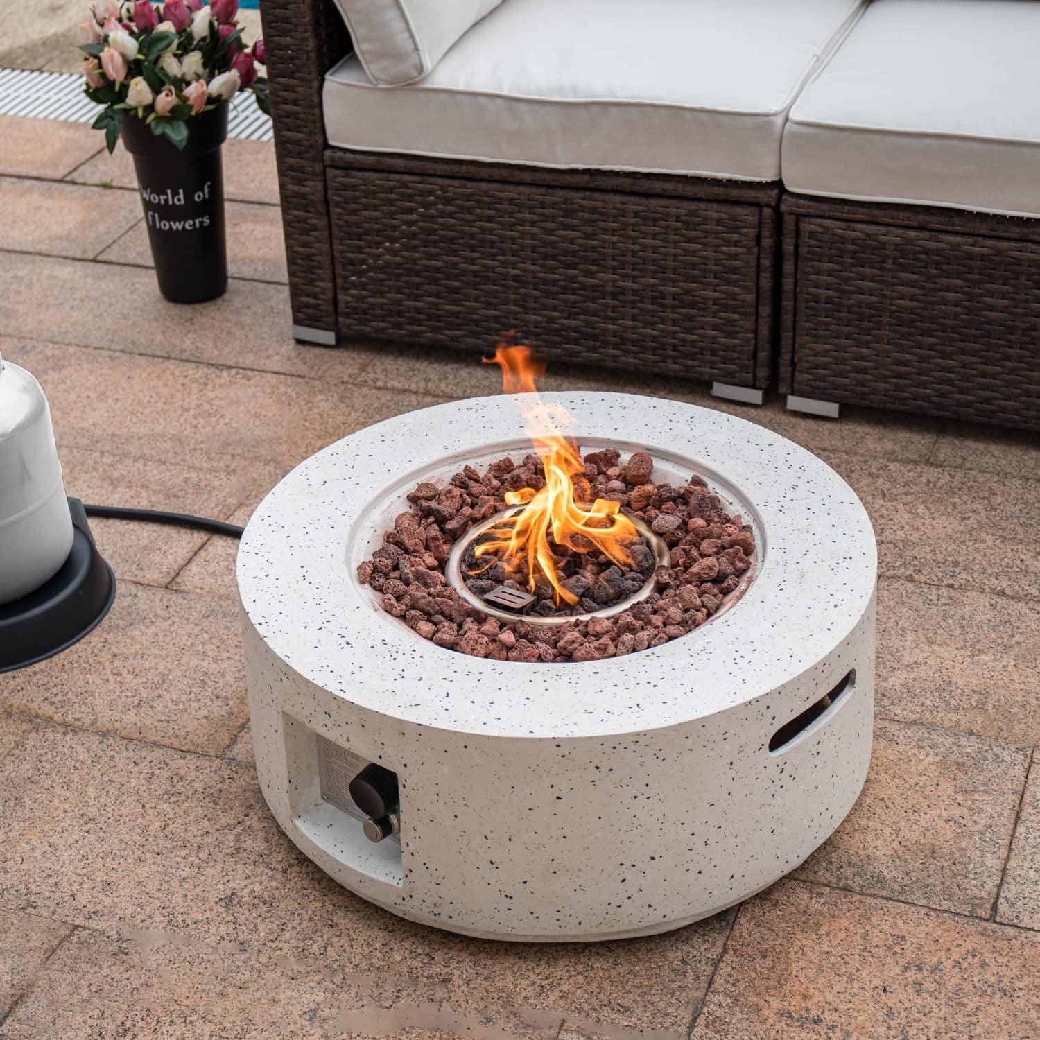 COSIEST Outdoor 28-inch Round Propane Fire Pit Table, 40,000 BTU Concrete Fire Pit (Tank Outside)