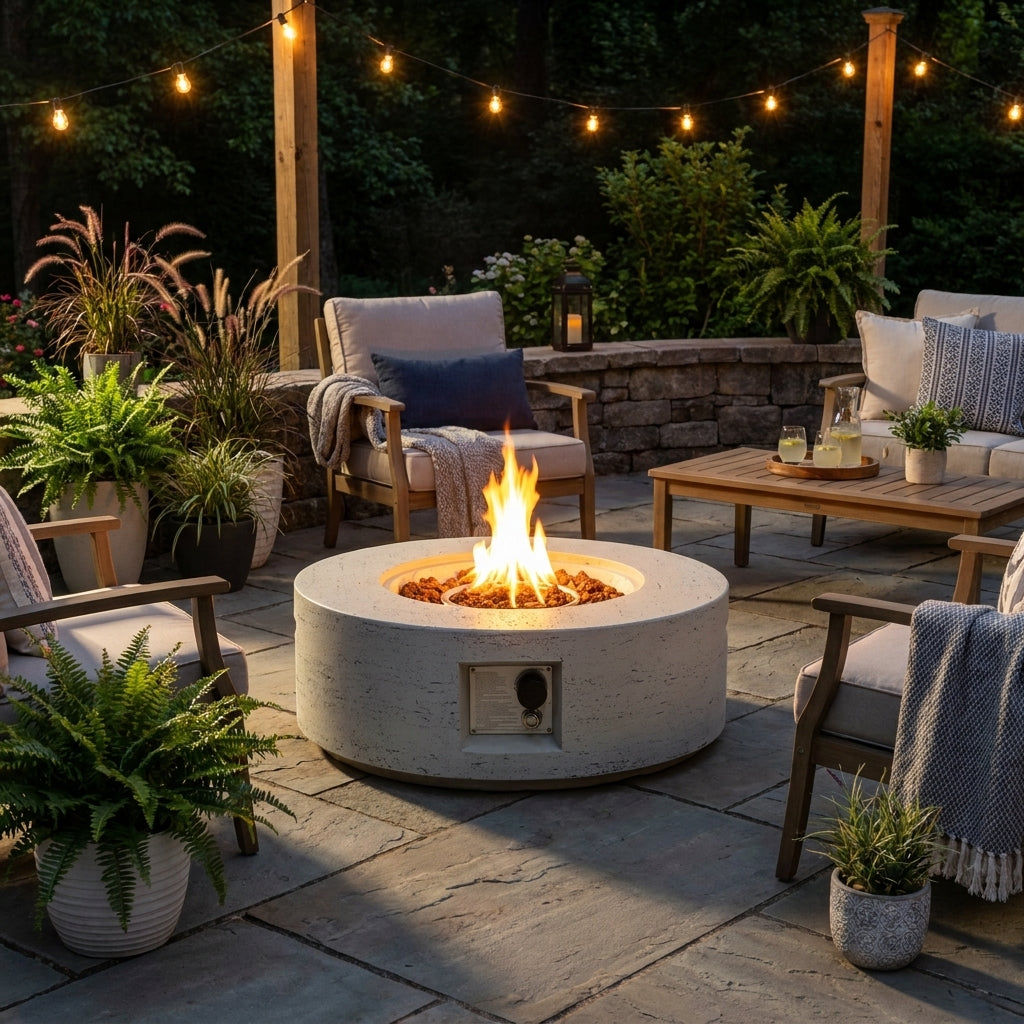 The Orbit Core - 28" Round Propane Fire Pit Table with Concrete Finish (40,000 BTU)