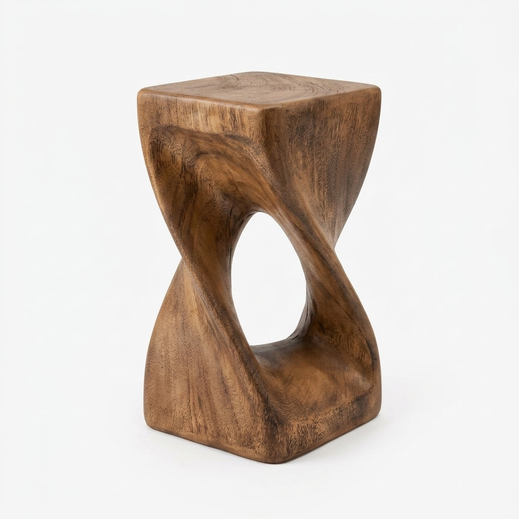 The Infinity Twist Geometric Side Table - Faux Wood & Stone Finish