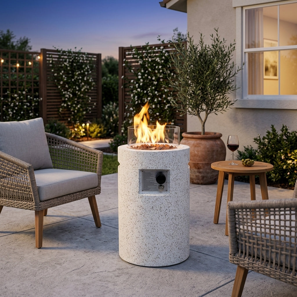 The Twilight Column - 16" Modern Round Propane Fire Pit, 40,000 BTU (Cream)