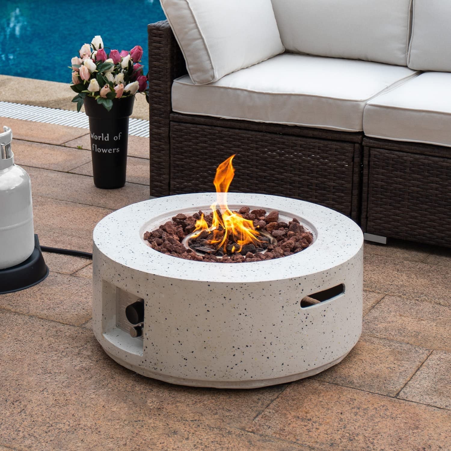COSIEST Outdoor 28-inch Round Propane Fire Pit Table, 40,000 BTU Concrete Fire Pit (Tank Outside)