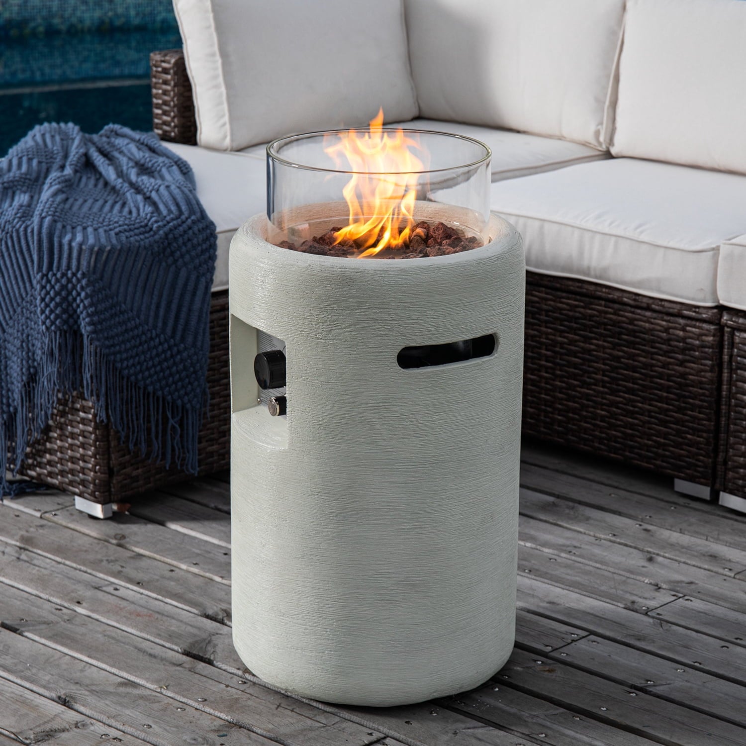 COSIEST 40,000BTU 16-inch Round Outdoor Propane Fire Pit Table w Glass Wind Guard(Cream)