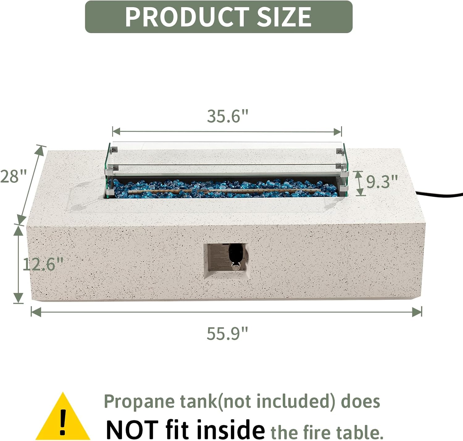 COSIEST Outdoor Propane Fire Pit Table, 56-inch x 28-inch Rectangle Terrazzo White Concrete-Like Finish, Certified, 50,000 BTU Stainless Steel Burner w Blue Fire Glass, Wind Guard, Raincover