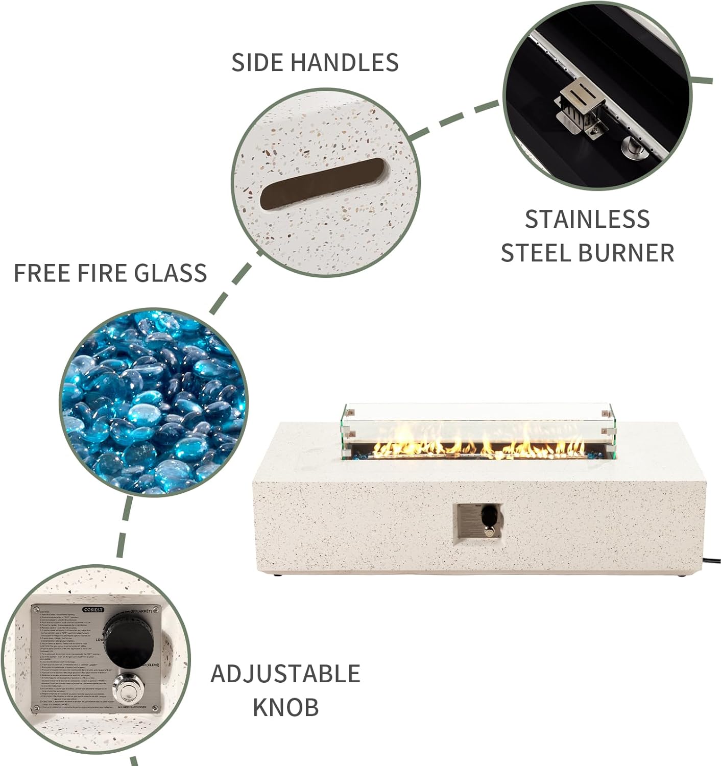 COSIEST Outdoor Propane Fire Pit Table, 56-inch x 28-inch Rectangle Terrazzo White Concrete-Like Finish, Certified, 50,000 BTU Stainless Steel Burner w Blue Fire Glass, Wind Guard, Raincover