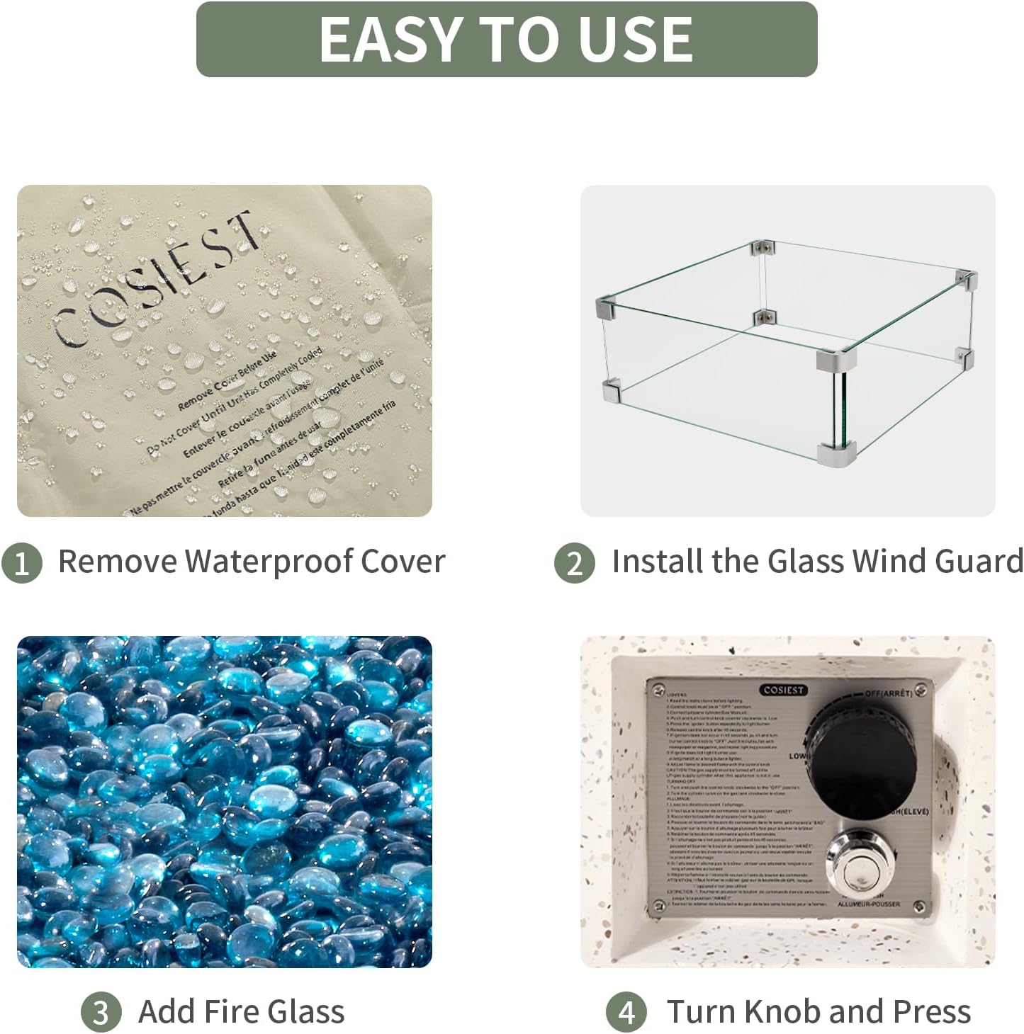 COSIEST Outdoor Propane Fire Pit Table, 56-inch x 28-inch Rectangle Terrazzo White Concrete-Like Finish, Certified, 50,000 BTU Stainless Steel Burner w Blue Fire Glass, Wind Guard, Raincover