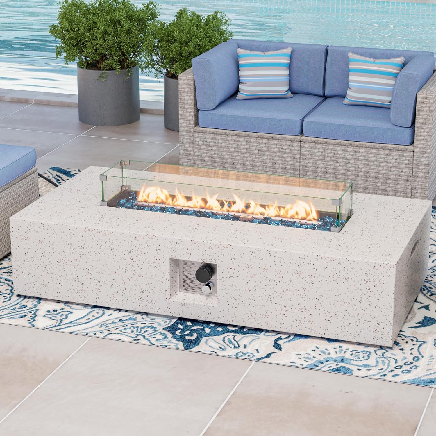 COSIEST Outdoor Propane Fire Pit Table, 56-inch x 28-inch Rectangle Terrazzo White Concrete-Like Finish, Certified, 50,000 BTU Stainless Steel Burner w Blue Fire Glass, Wind Guard, Raincover