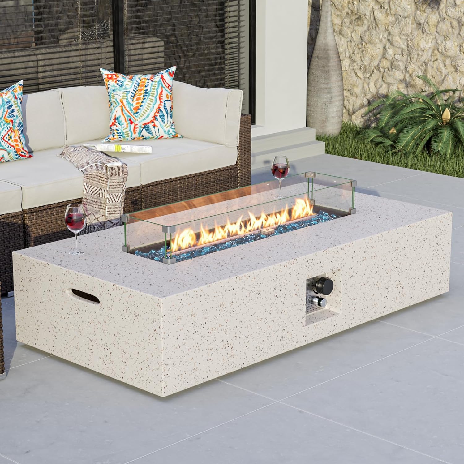 COSIEST Outdoor Propane Fire Pit Table, 56-inch x 28-inch Rectangle Terrazzo White Concrete-Like Finish, Certified, 50,000 BTU Stainless Steel Burner w Blue Fire Glass, Wind Guard, Raincover
