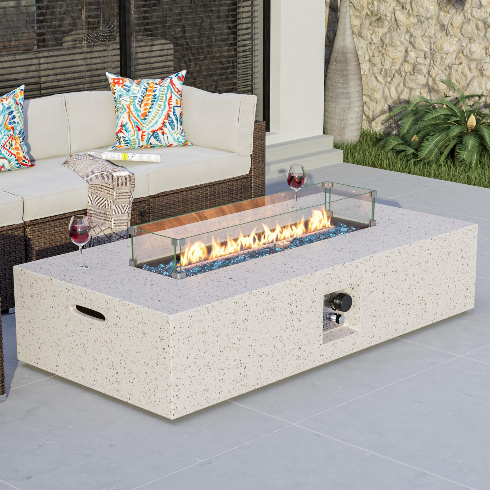 COSIEST Outdoor Propane Fire Pit Table, 56-inch x 28-inch Rectangle Terrazzo White Concrete-Like Finish, Certified, 50,000 BTU Stainless Steel Burner w Blue Fire Glass, Wind Guard, Raincover