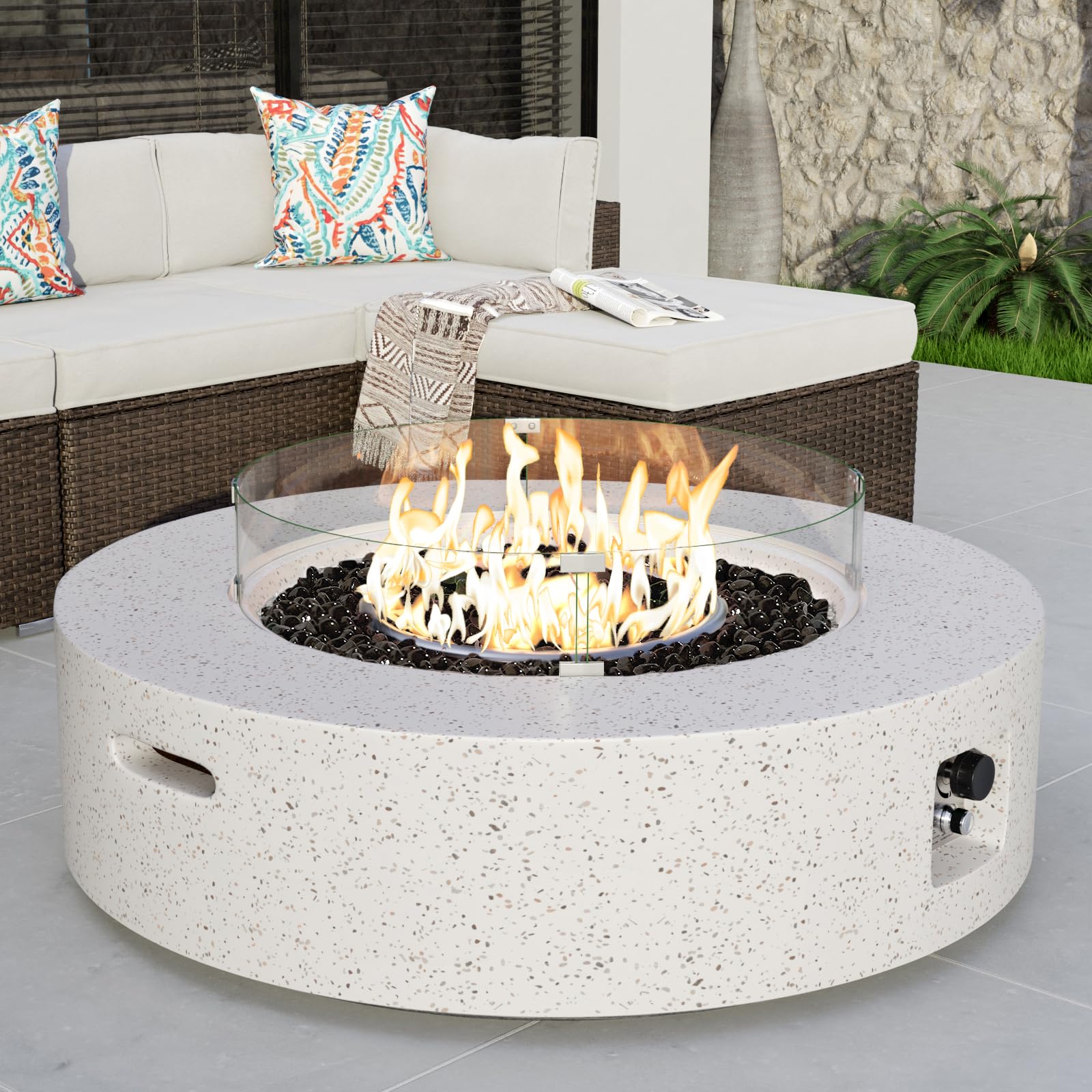 COSIEST Outdoor Propane Fire Pit Table, 56-inch x 28-inch Rectangle Terrazzo White Concrete-Like Finish, Certified, 50,000 BTU Stainless Steel Burner w Blue Fire Glass, Wind Guard, Raincover