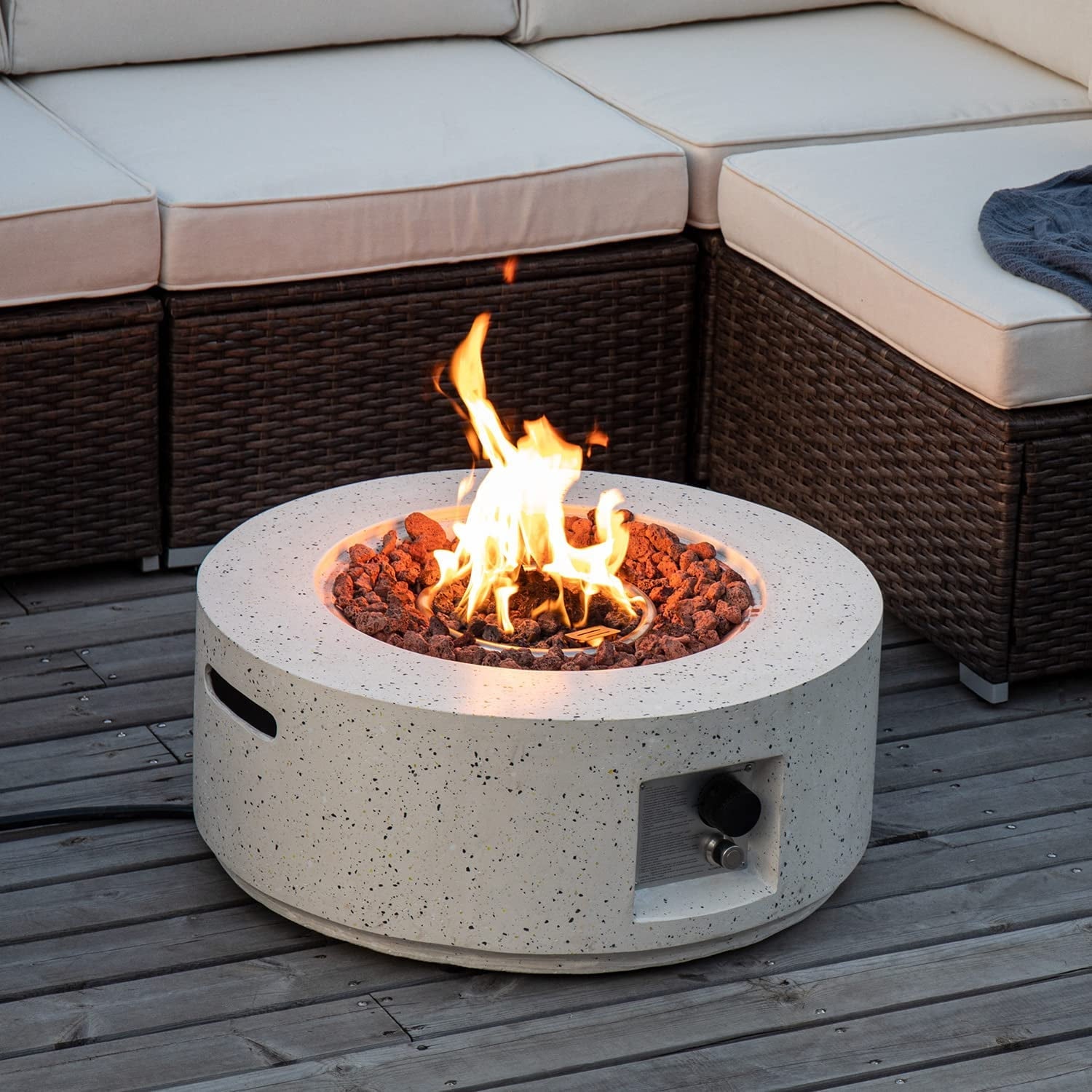COSIEST Outdoor 28-inch Round Propane Fire Pit Table, 40,000 BTU Concrete Fire Pit (Tank Outside)