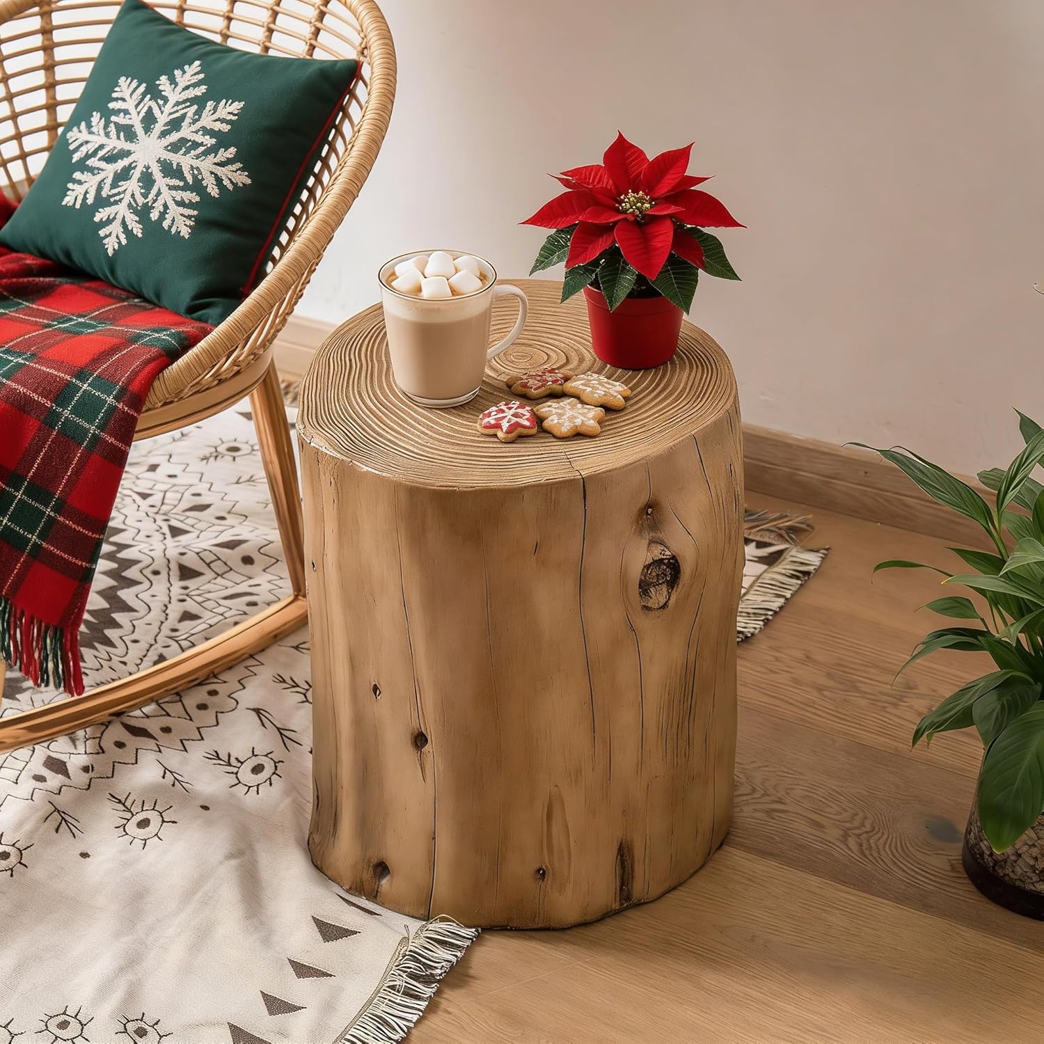 COSIEST Outdoor End Table Light Oak Colored Faux Wood, Hand-Painted Wood Stump Stool, Ottoman or Plant Stand, Deck or Garden