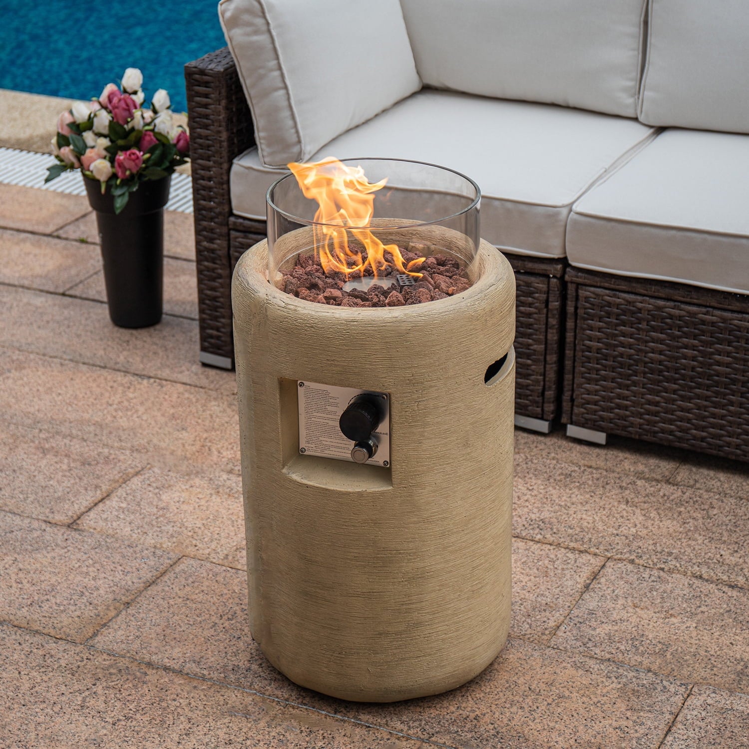 COSIEST 40,000BTU 16-inch Round Outdoor Propane Fire Pit Table w Glass Wind Guard(Cream)