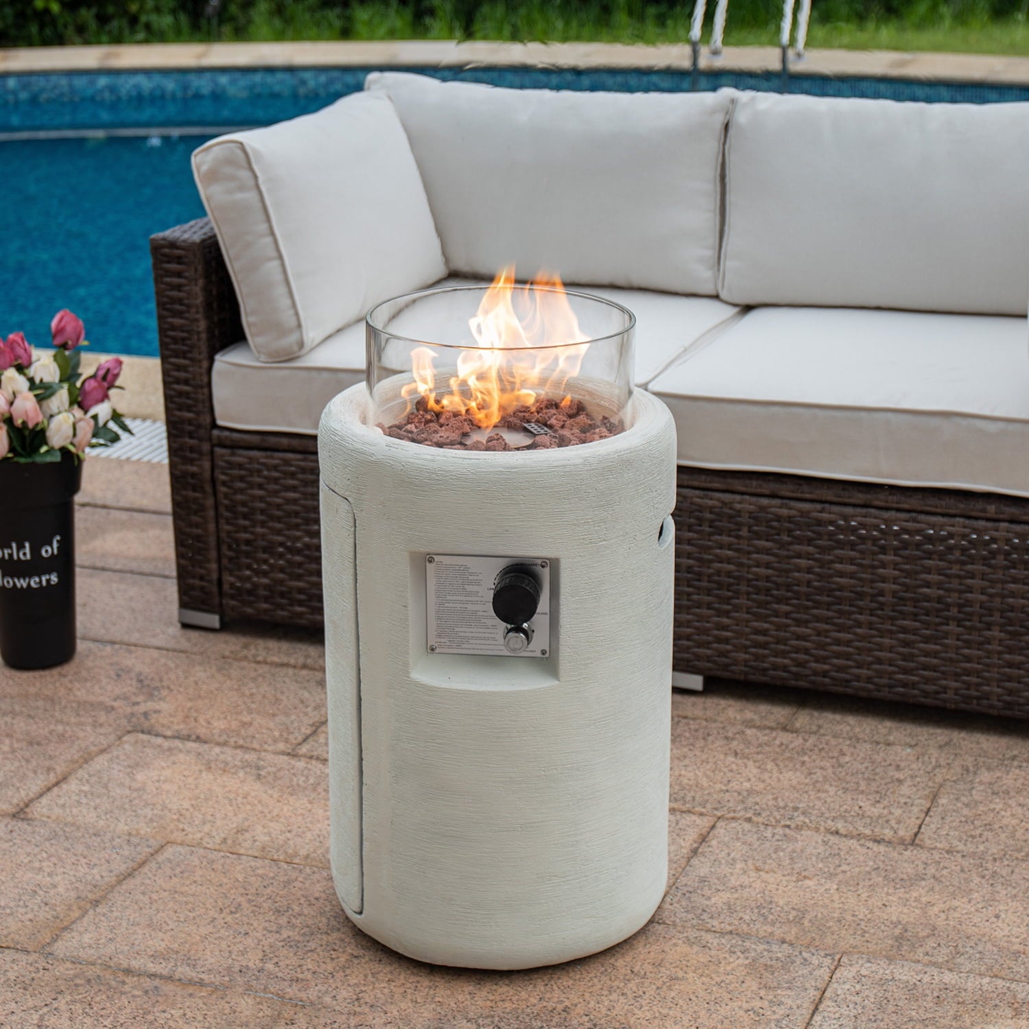 COSIEST 40,000BTU 16-inch Round Outdoor Propane Fire Pit Table w Glass Wind Guard(Cream)