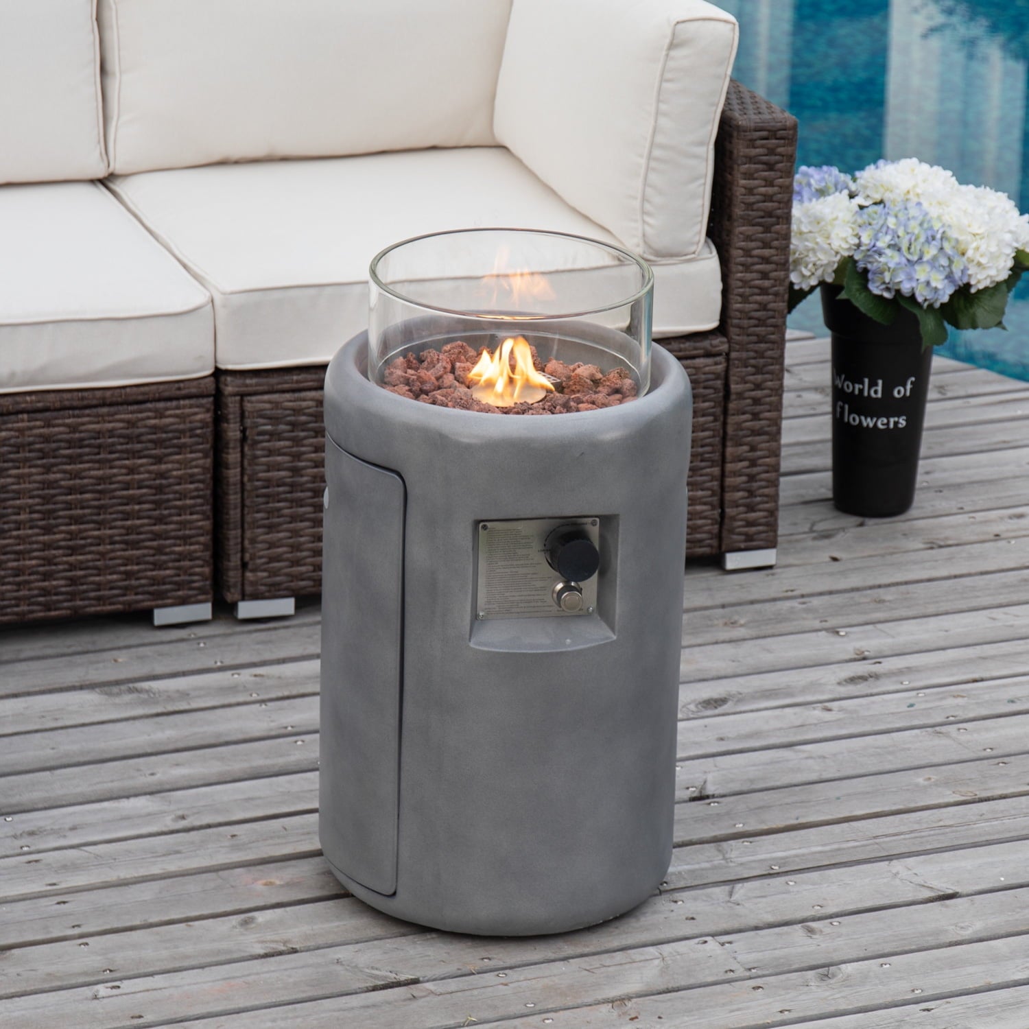 COSIEST 40,000BTU 16-inch Round Outdoor Propane Fire Pit Table w Glass Wind Guard(Cream)