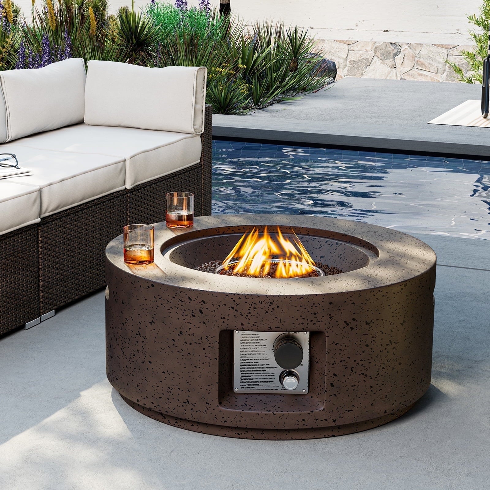 COSIEST Outdoor 28-inch Round Propane Fire Pit Table, 40,000 BTU Concrete Fire Pit (Tank Outside)
