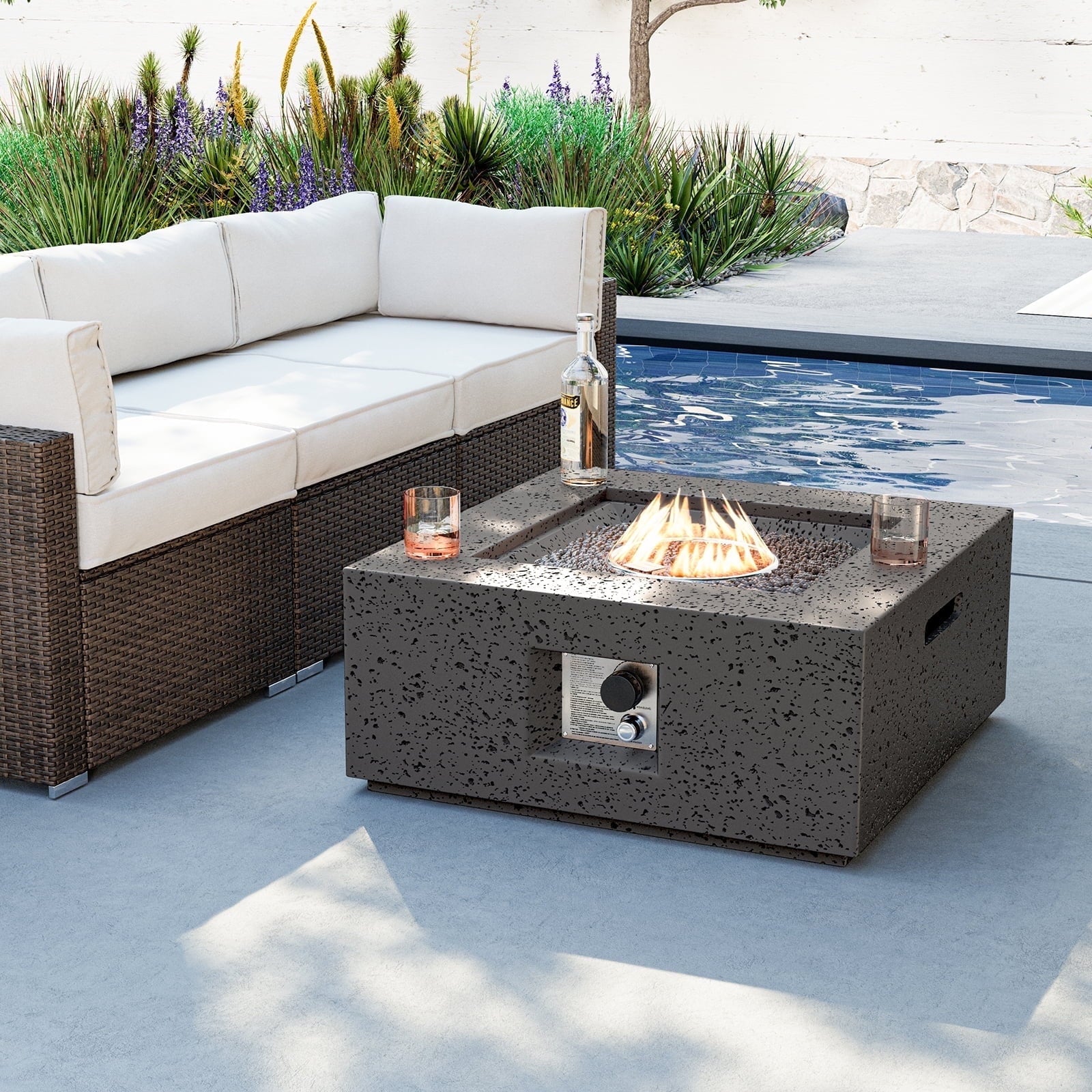 COSIEST Outdoor 28-inch Round Propane Fire Pit Table, 40,000 BTU Concrete Fire Pit (Tank Outside)